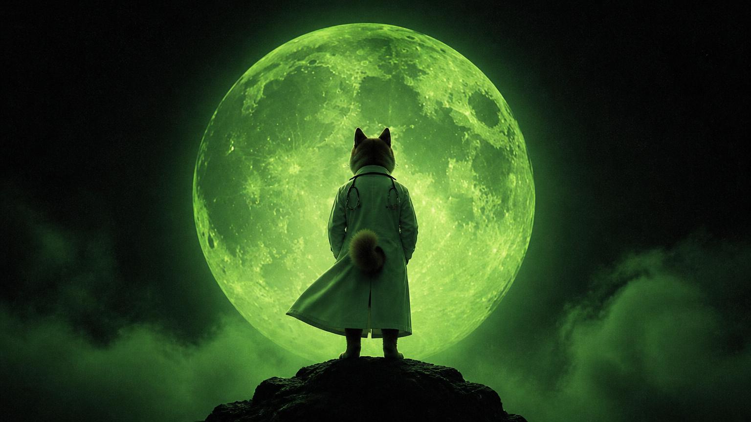 Silhouette of Dogtor before a giant green moon