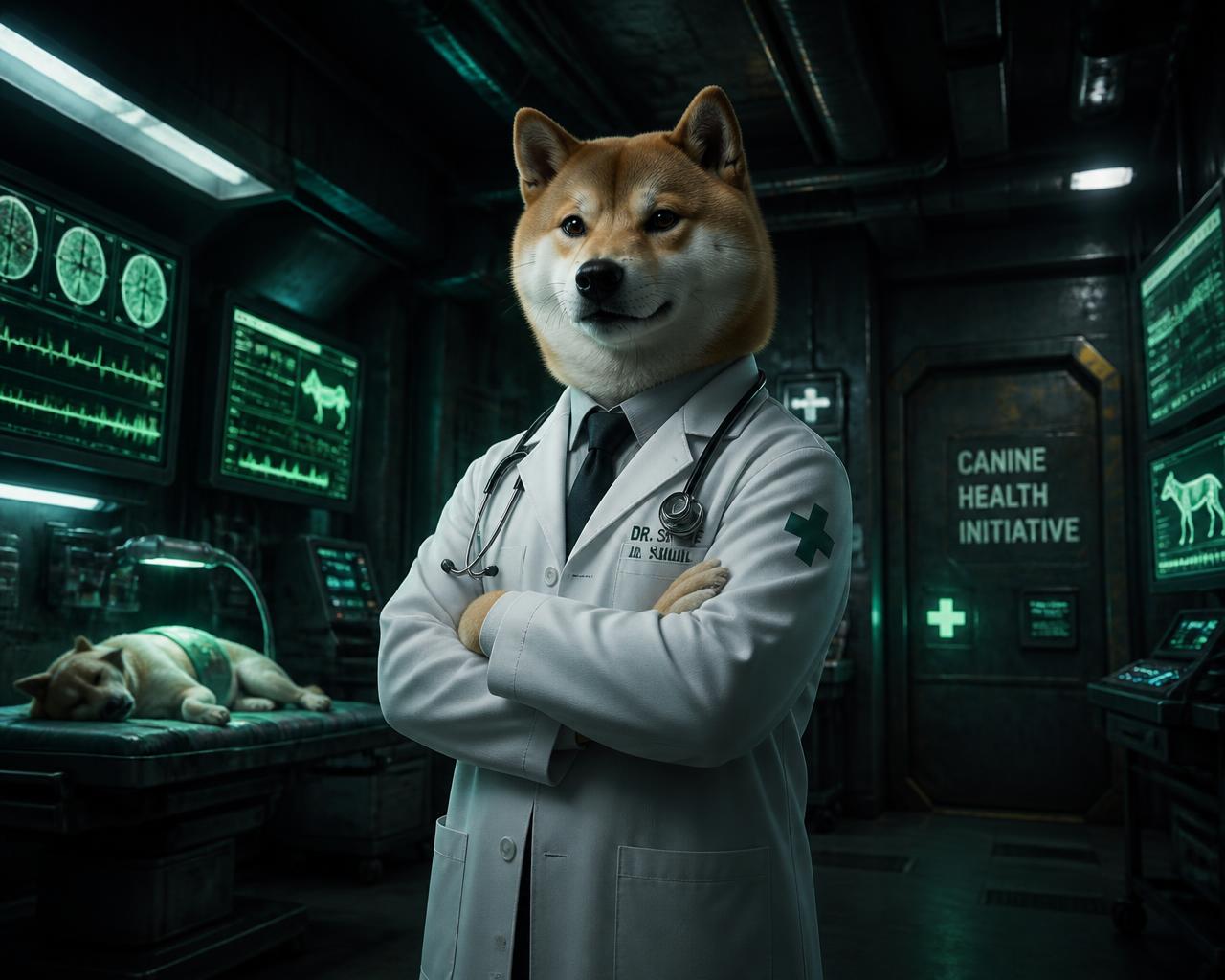 Dogtor standing in a futuristic underground medical laboratory